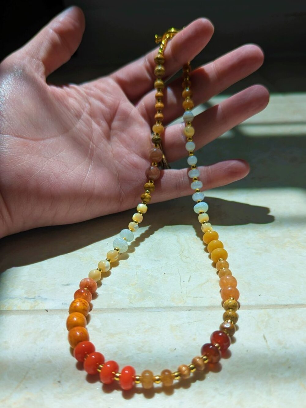 Handmade Beaded Necklace with Gold Accents | Sunset Gemstone Palette ✨